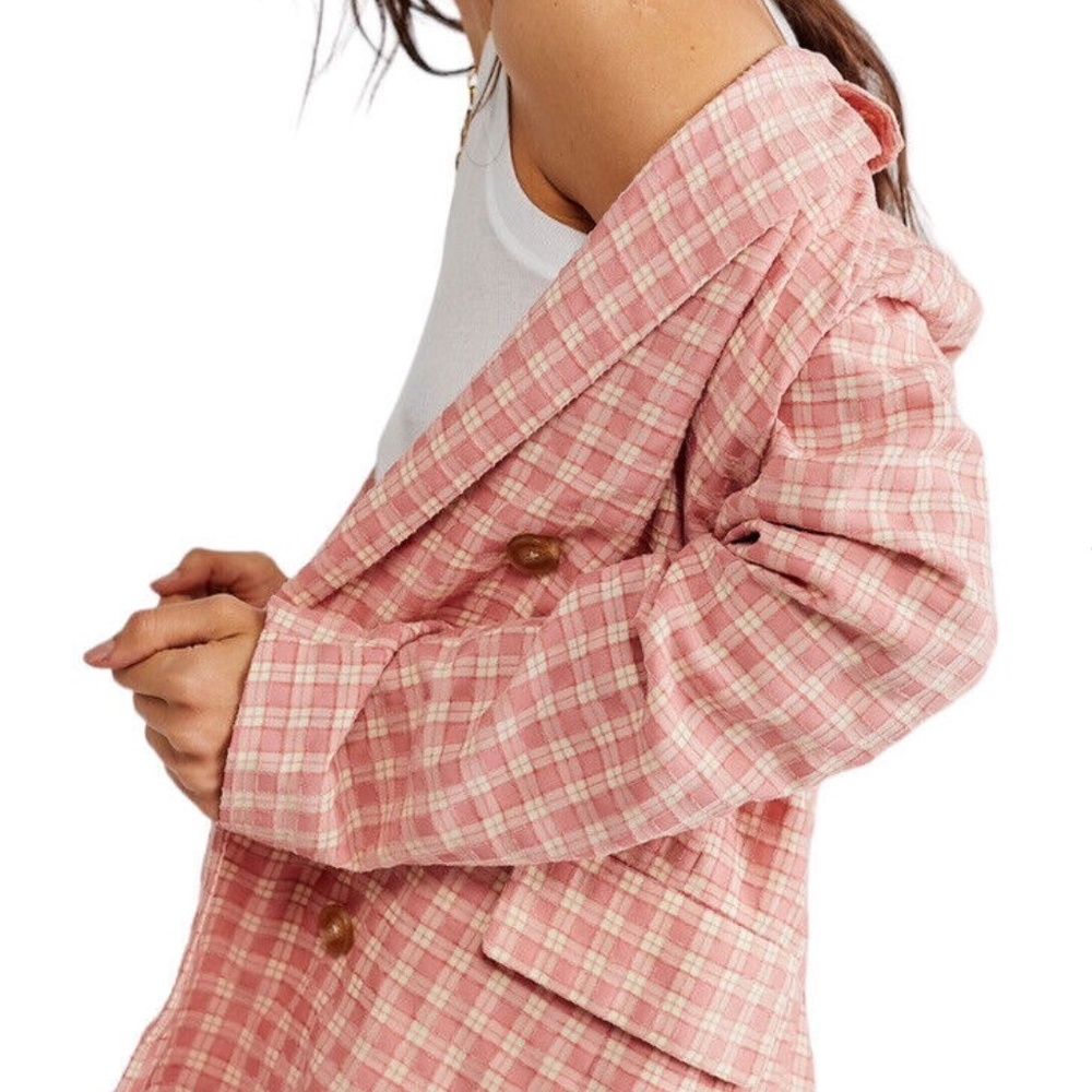 Free People Pink Plaid Double-Breasted Blazer Jacket